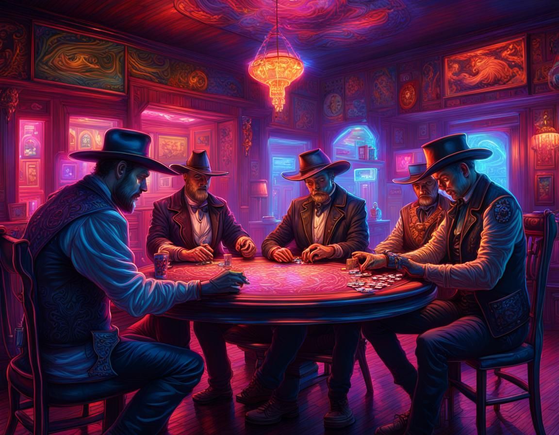 A Western saloon. Neon glass table as evil men play cards. detailed matte painting, deep color, fantastical, intricate d...