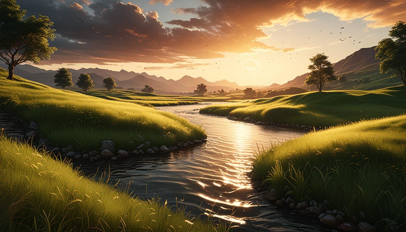 Realistic Hillside River at Golden Hour