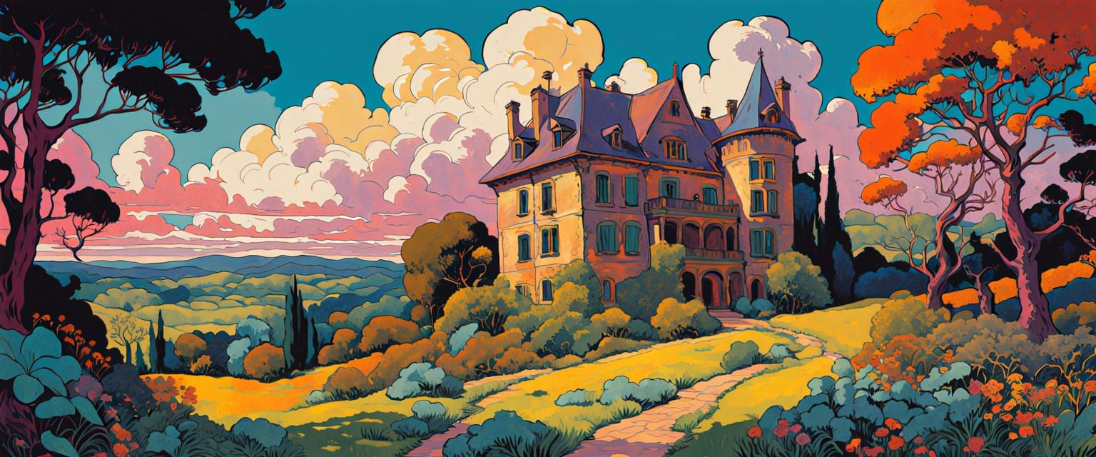 Mystical Forest Ruins in Folk Art Style