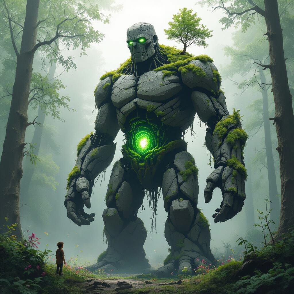 Ancient Golem in Mystical Forest Landscape