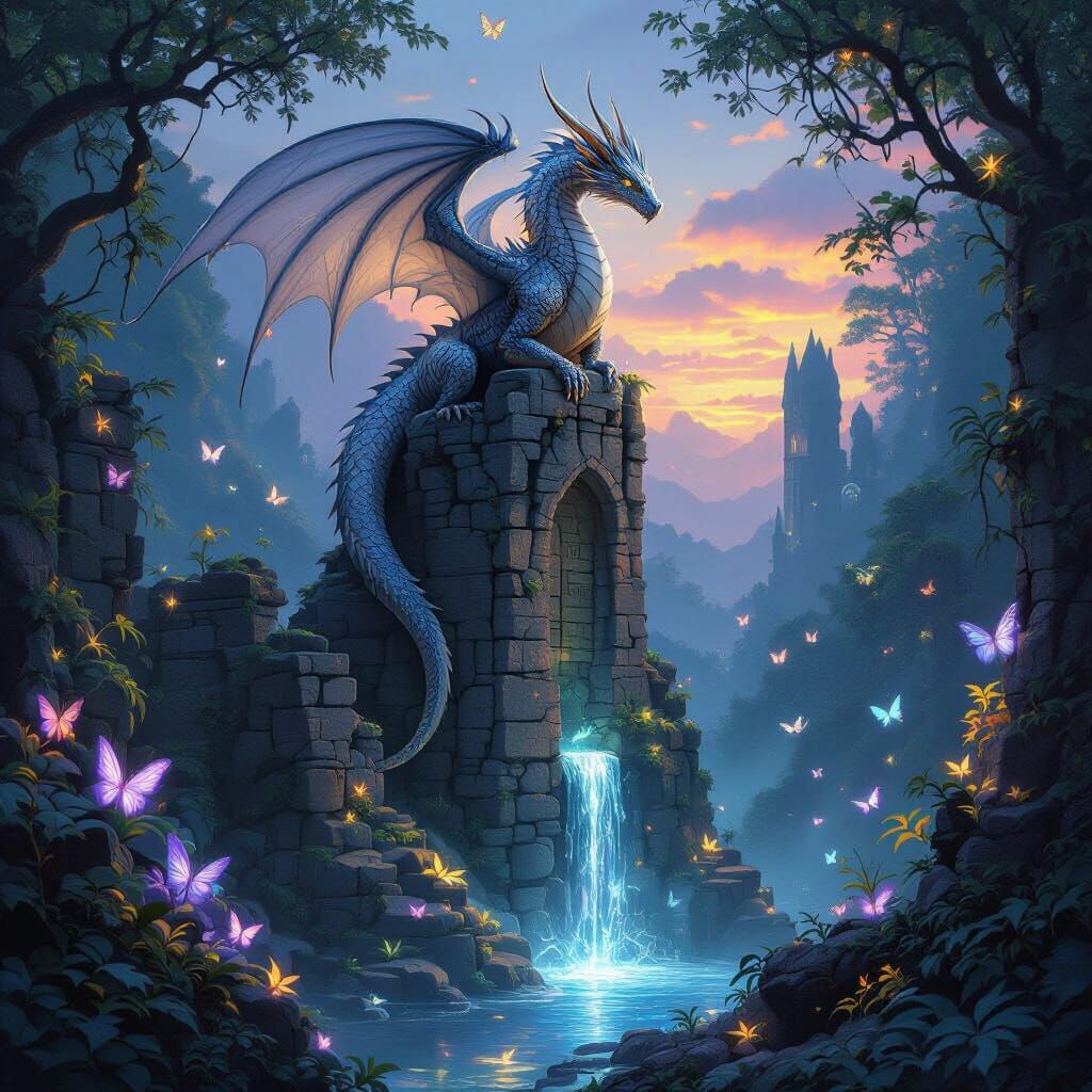 Silver Dragon in Enchanted Forest Digital Painting