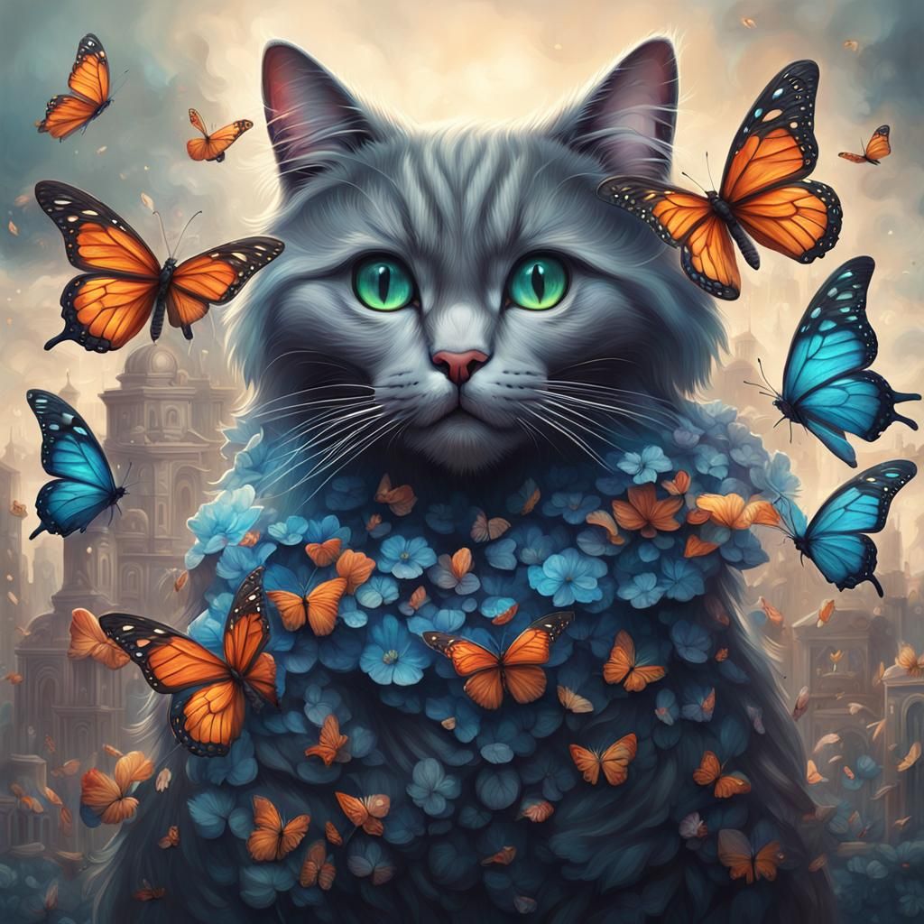 Anthropomorphic Cat Catching Butterfly in Detailed Matte Pai...