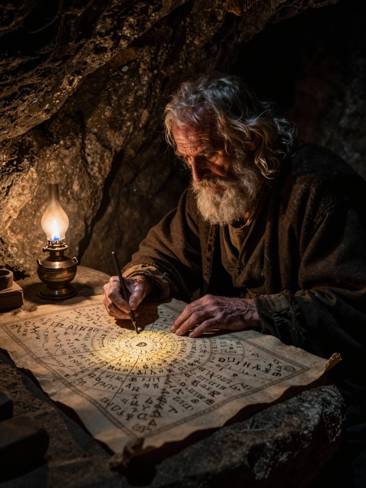 Hermit Inscribes Ancient Runes on Celestial Map