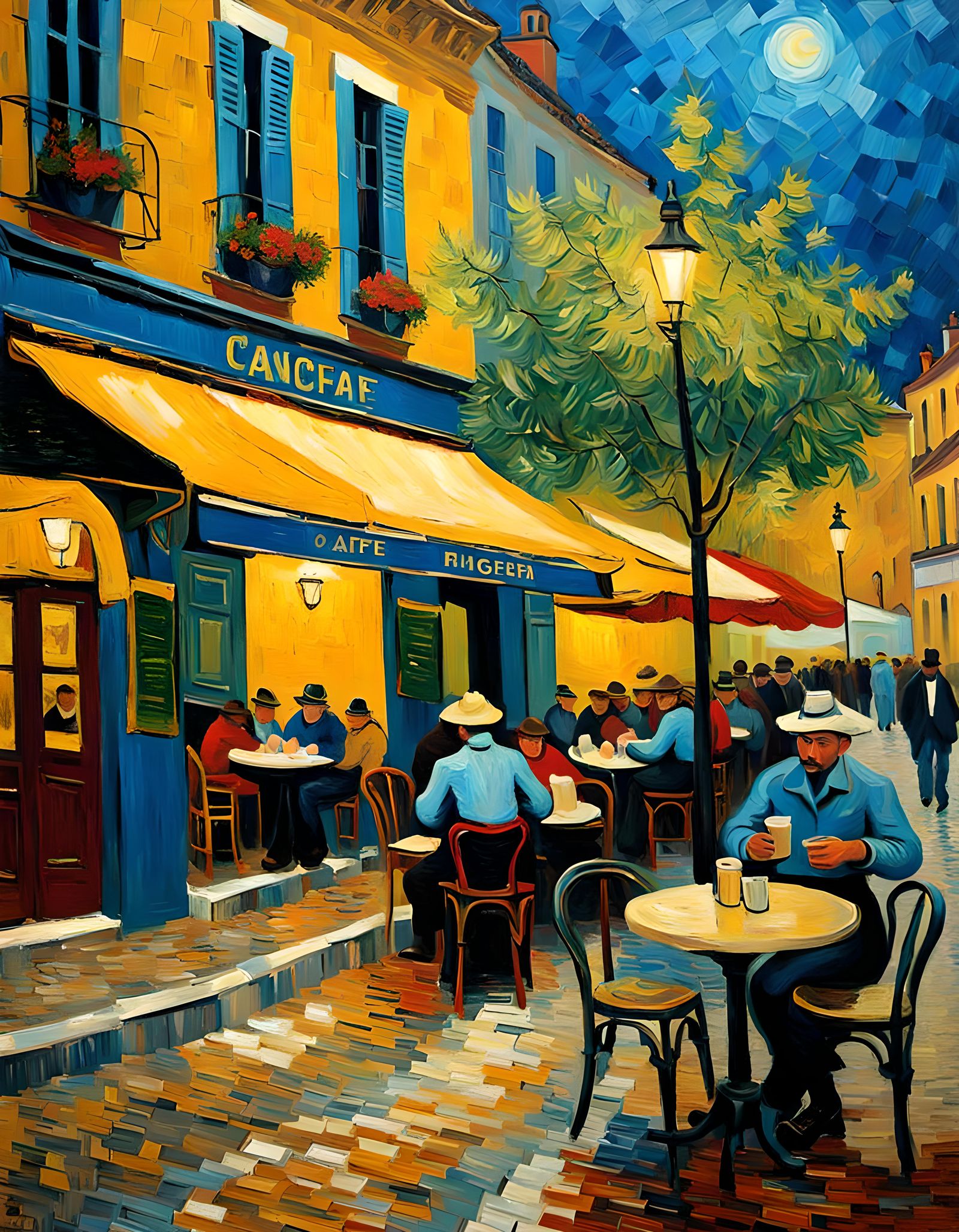 French Cafe Scene in Impasto Style