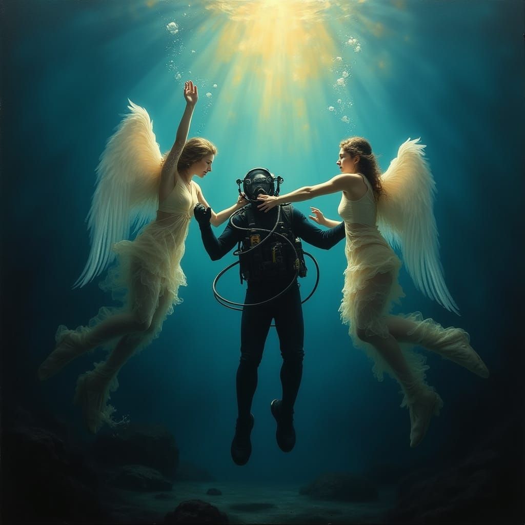 Scrubber Diver Saved by Angels in Oil Painting Style