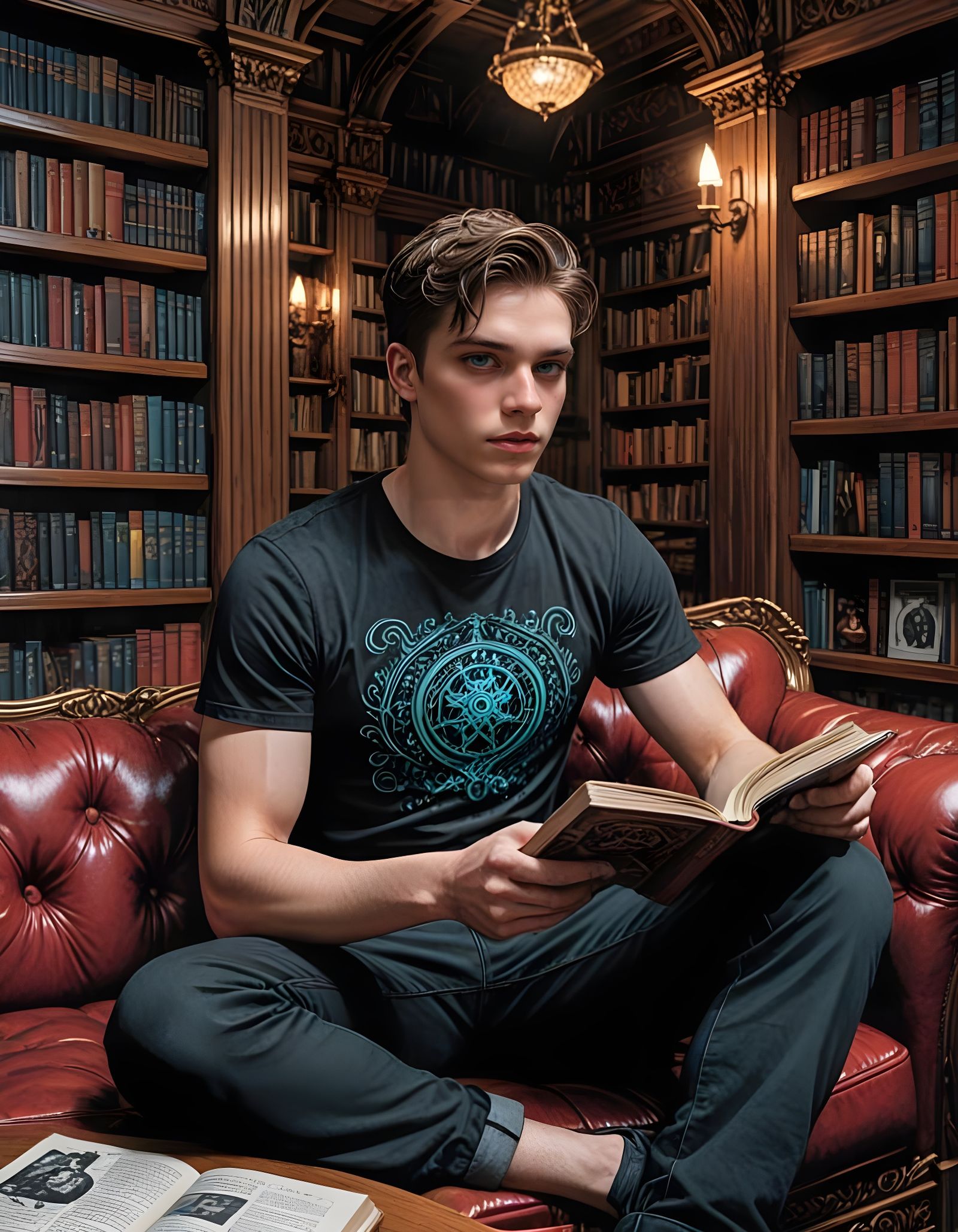 Youthful Hero in a Grand Library Scene