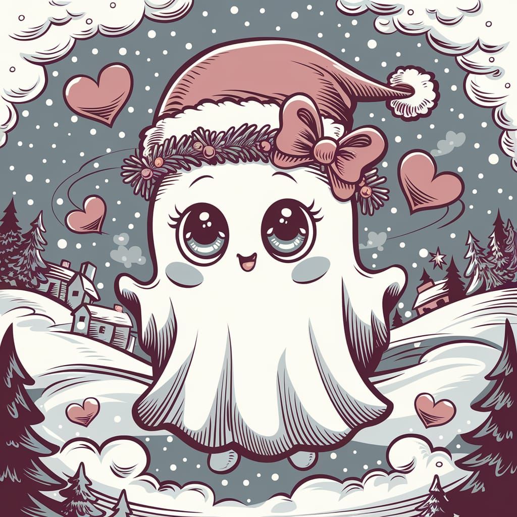 Cute Chibi Ghost wearing Christmas Hat