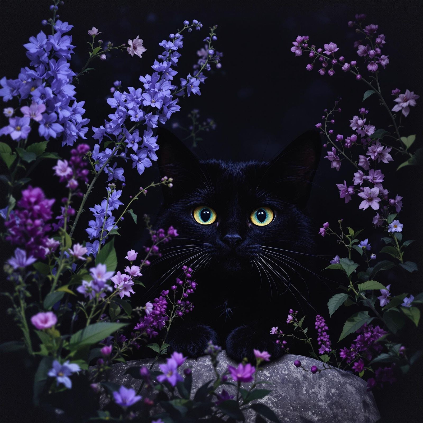 Black Cat in Dark Room Illuminated by Violet Light
