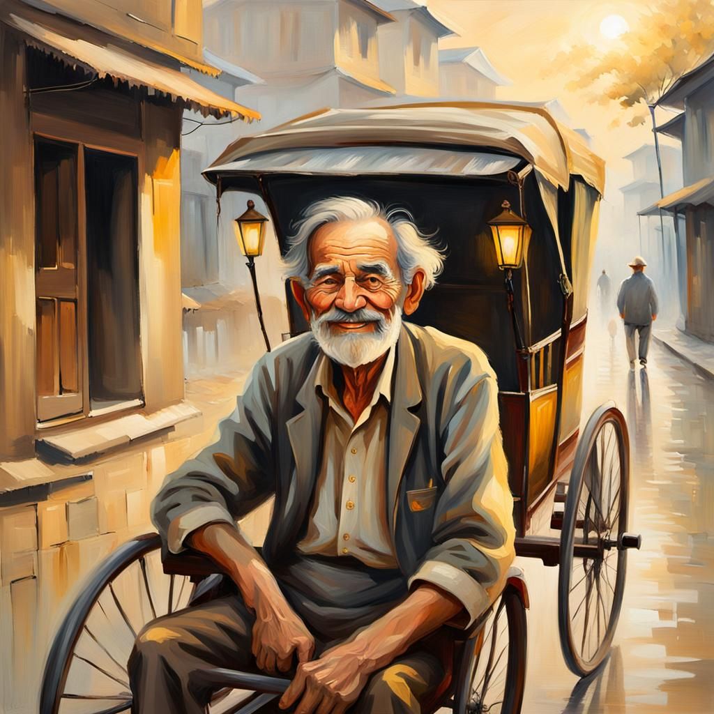 Old Man in Rickshaw: Impressionist Oil Painting