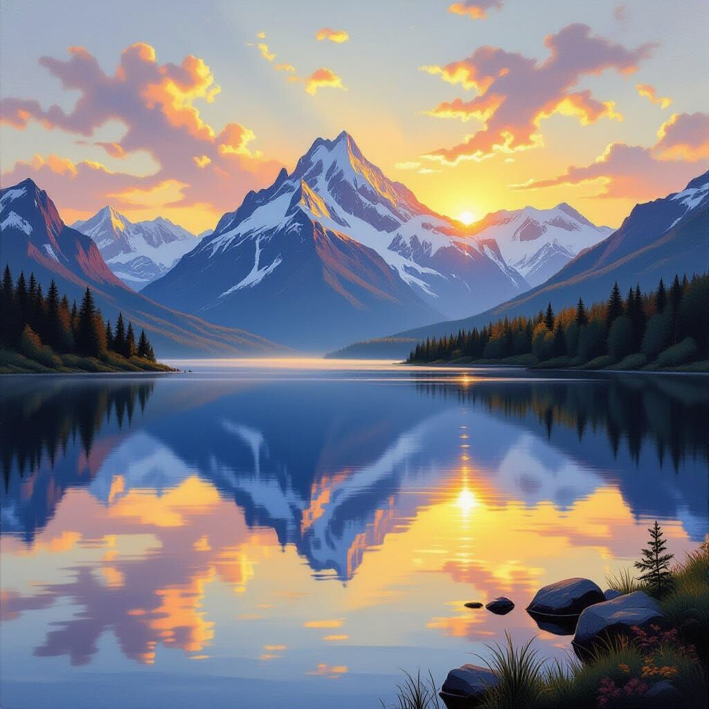 Crystal Lake Reflection Landscape in Oil Painting Style