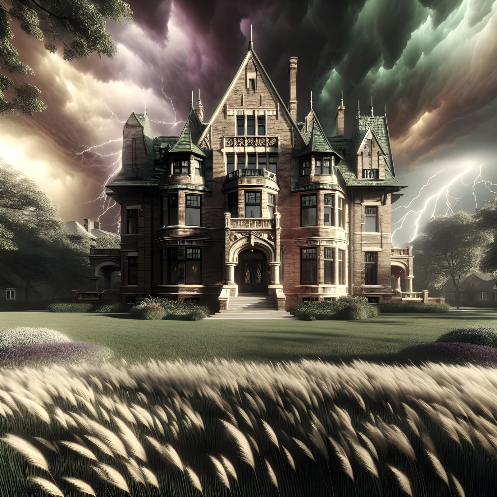 Majestic Brick Manor Under Thunderous Skies