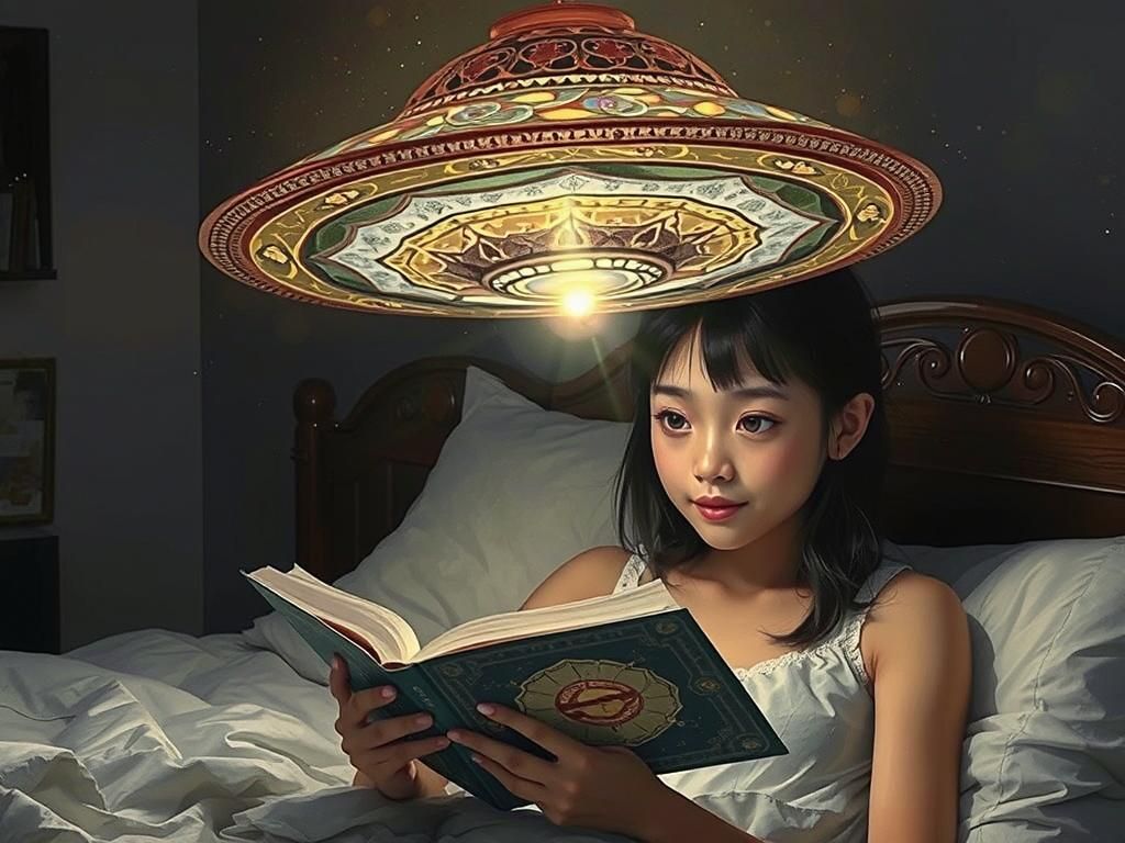Girl Reading Under UFO Lamp in Watercolor Style