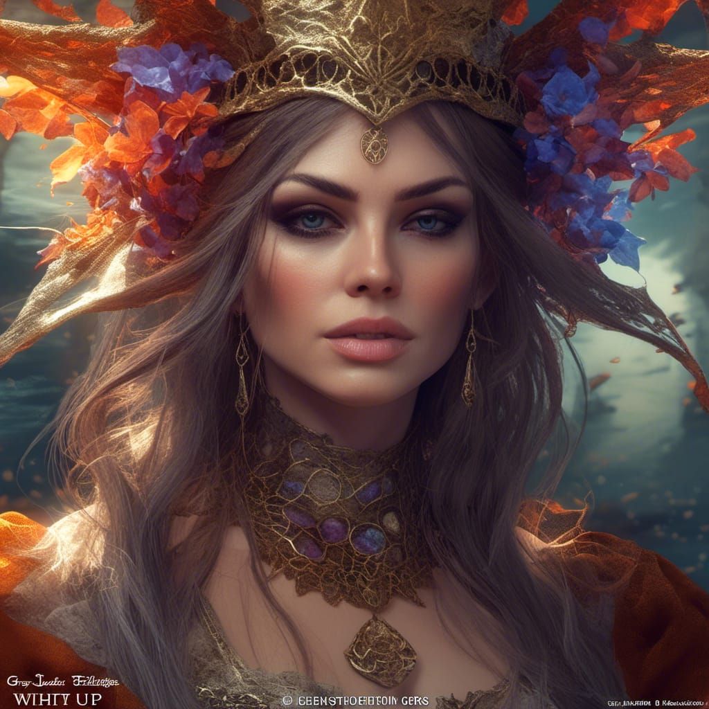 Mysterious fantasy witch with a forest crown