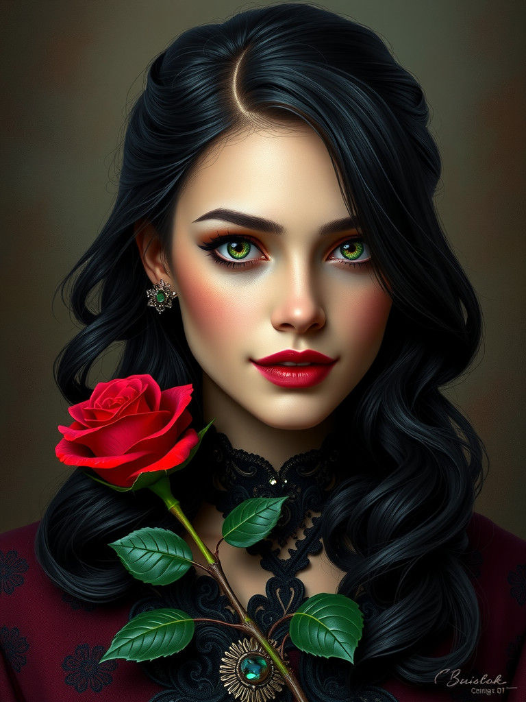 Brunette with Rose in Dreamlike Gothic Portrait