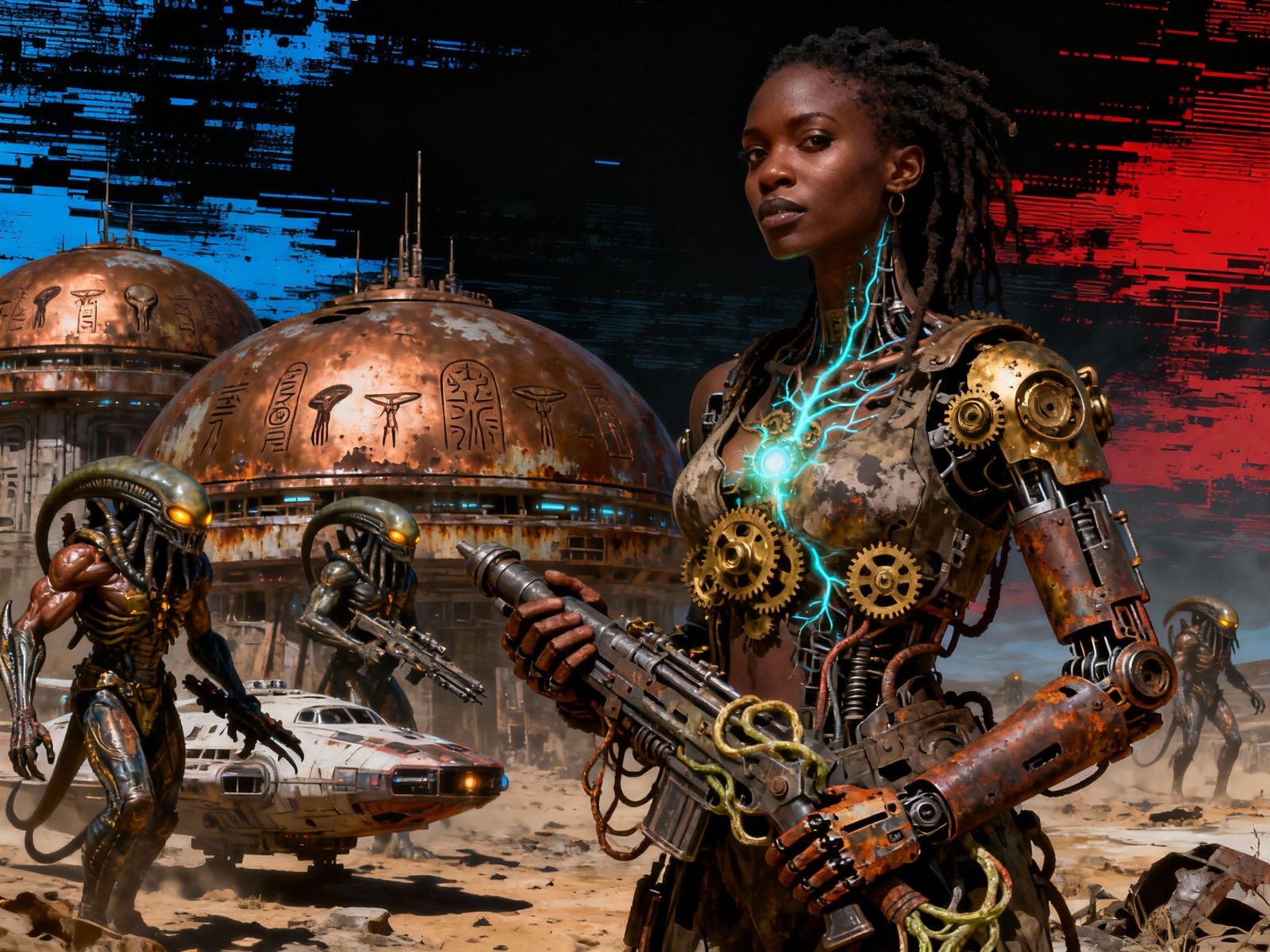 Dystopian Sci-Fi Portrait of Cyborg Woman in Alien Colony