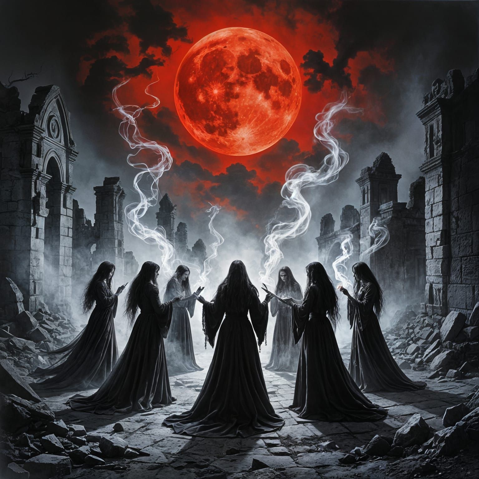 Witches Ritual Under Blood Moon in Ancient Ruins