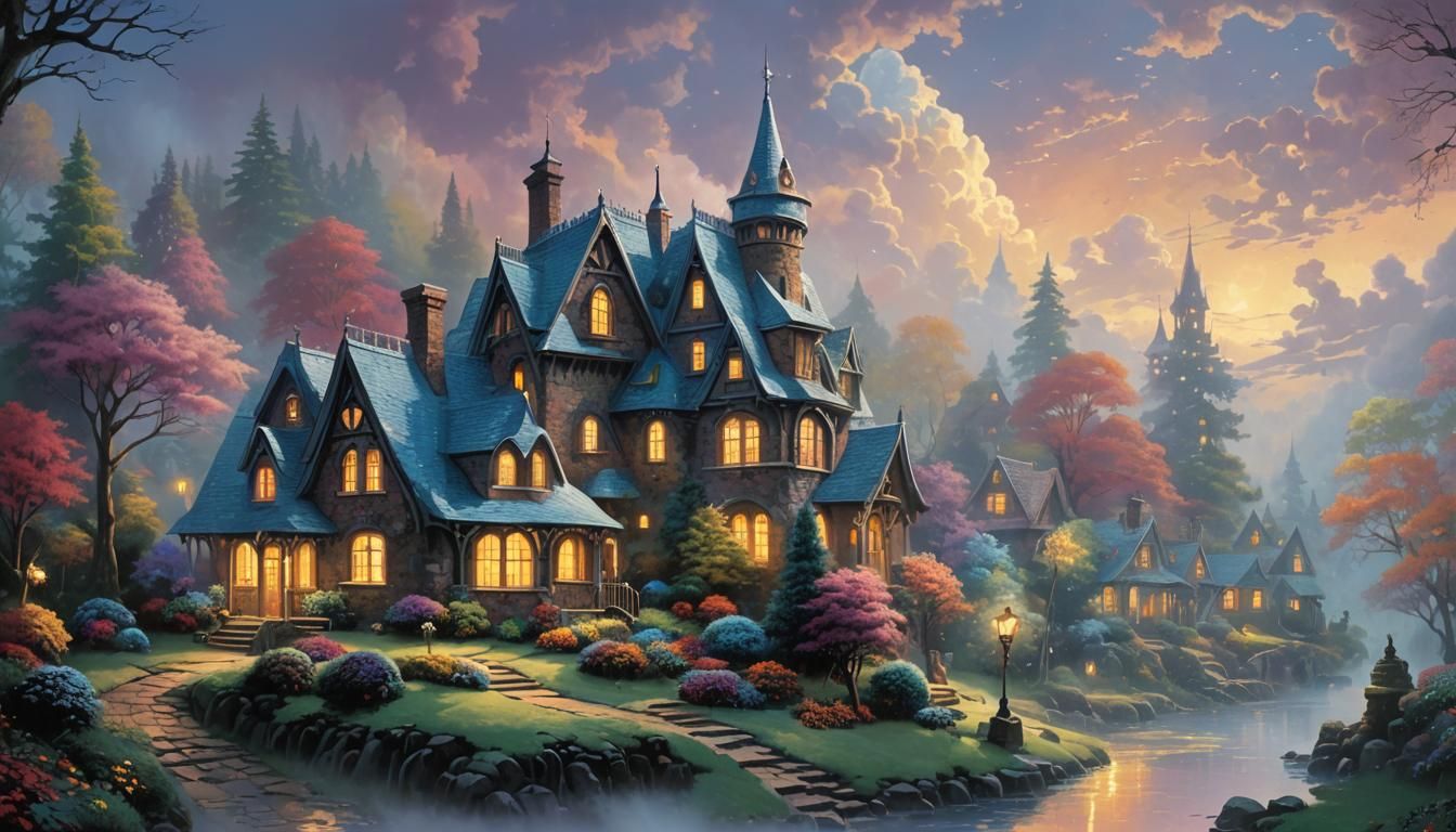 Ethereal Candy House Silhouette in Fantasy Landscape