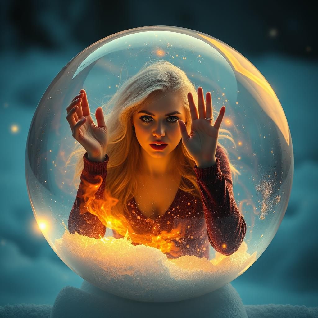 Woman Trapped in Crystal Sphere with Fire Glow