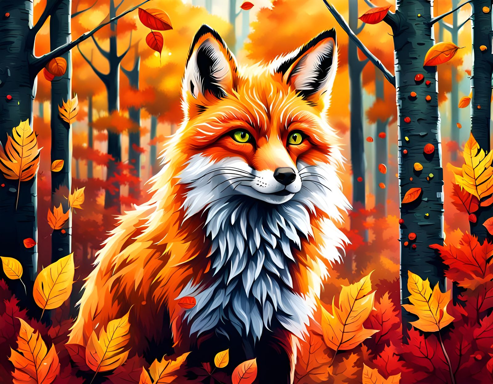 Vibrant Fox in Autumn Forest Graffiti Art