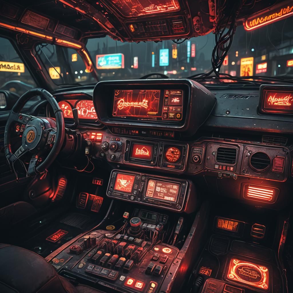 Cyberpunk Dashboard with Decaying Motherboard and McDonald's...