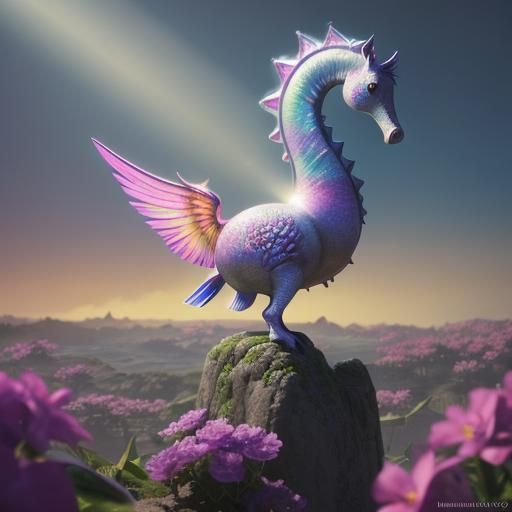 Fluffy Seahorse with Wings Among Multicolored Flowers