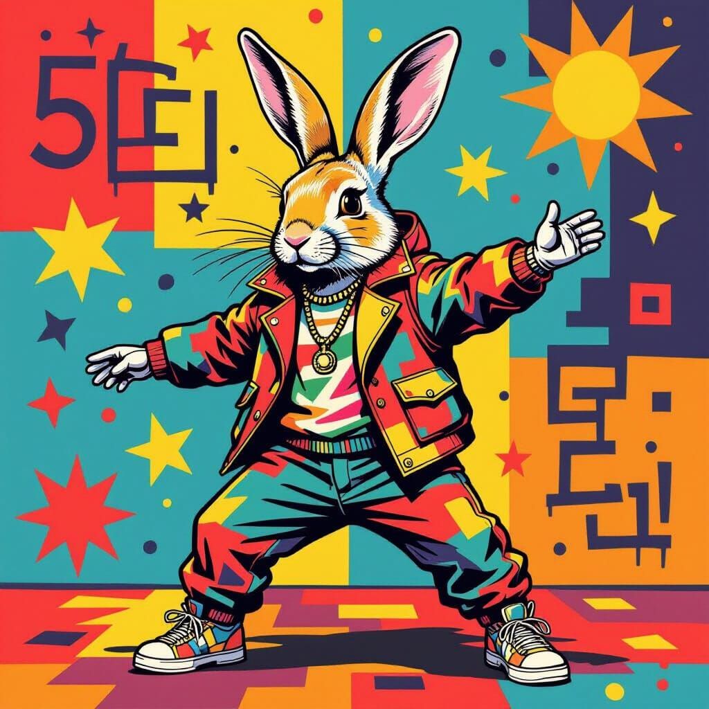 Pop Art Rabbit in Haring and Basquiat Style