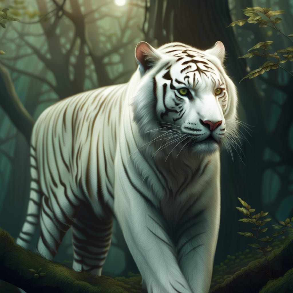Albino Tiger in Forest: Dramatic Digital Painting