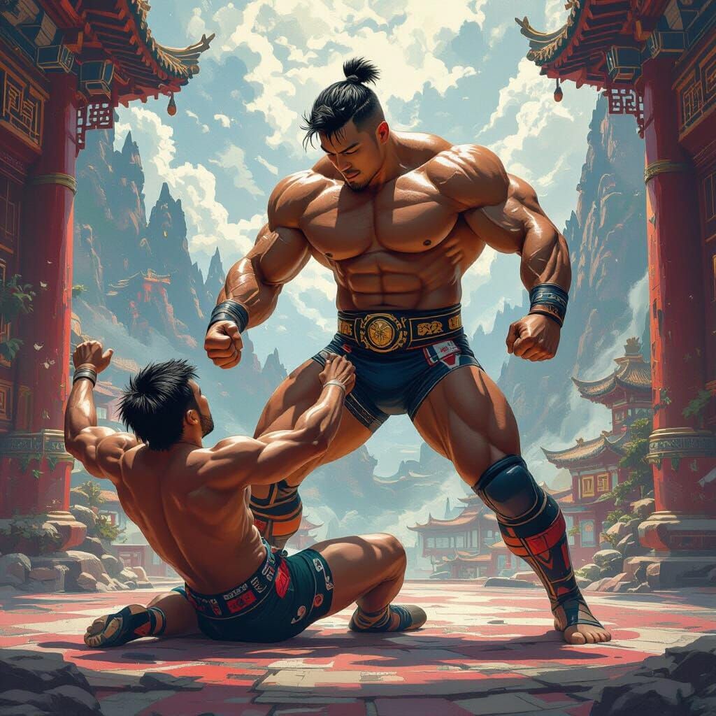 Asian Bodybuilder Dominates Opponent in Wrestling Pose