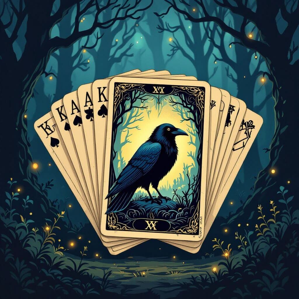 Mystical Tarot Cards with Glowing Crow in Dark Forest