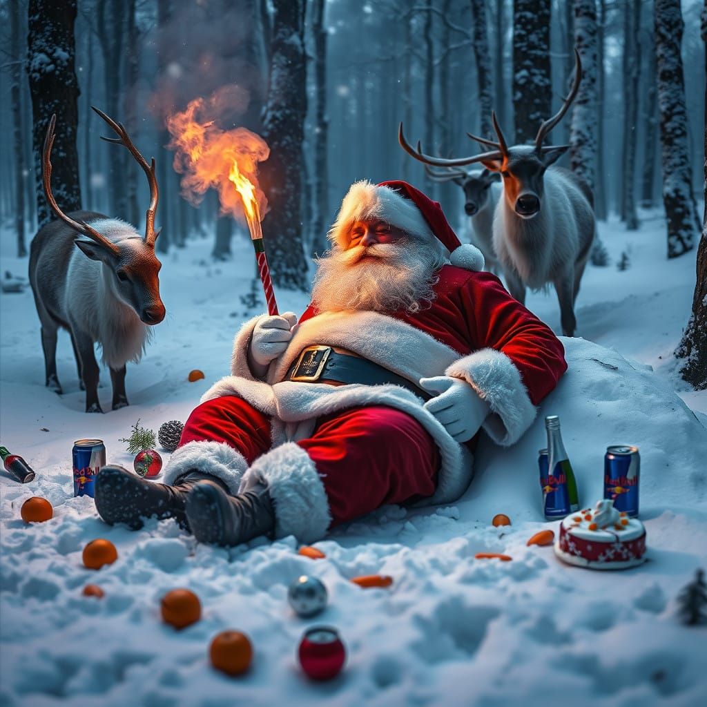 Surreal Santa Claus Meltdown in Snowy Forest