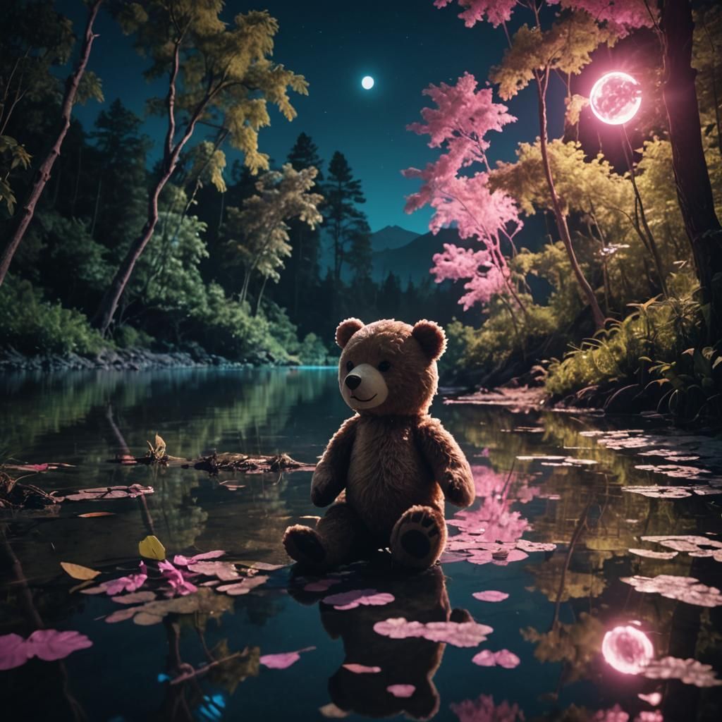 Teddy Bear in Neon Jungle at Night