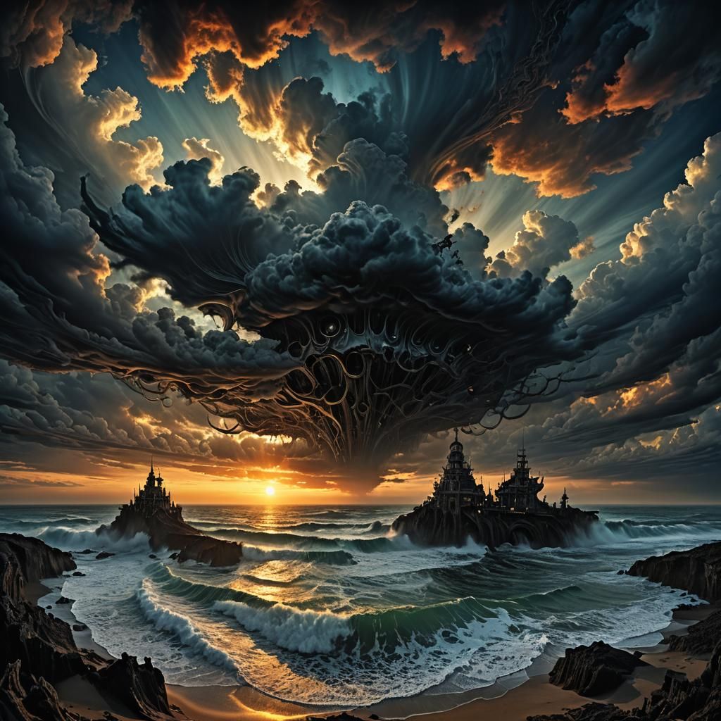 Artistic image, a surreal, dreamlike seascape of a dark fant...