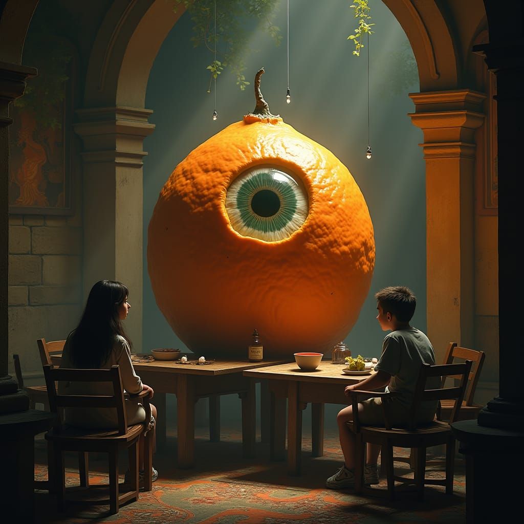 Mystical School Cafeteria: Orange Eyeball in Surreal Art