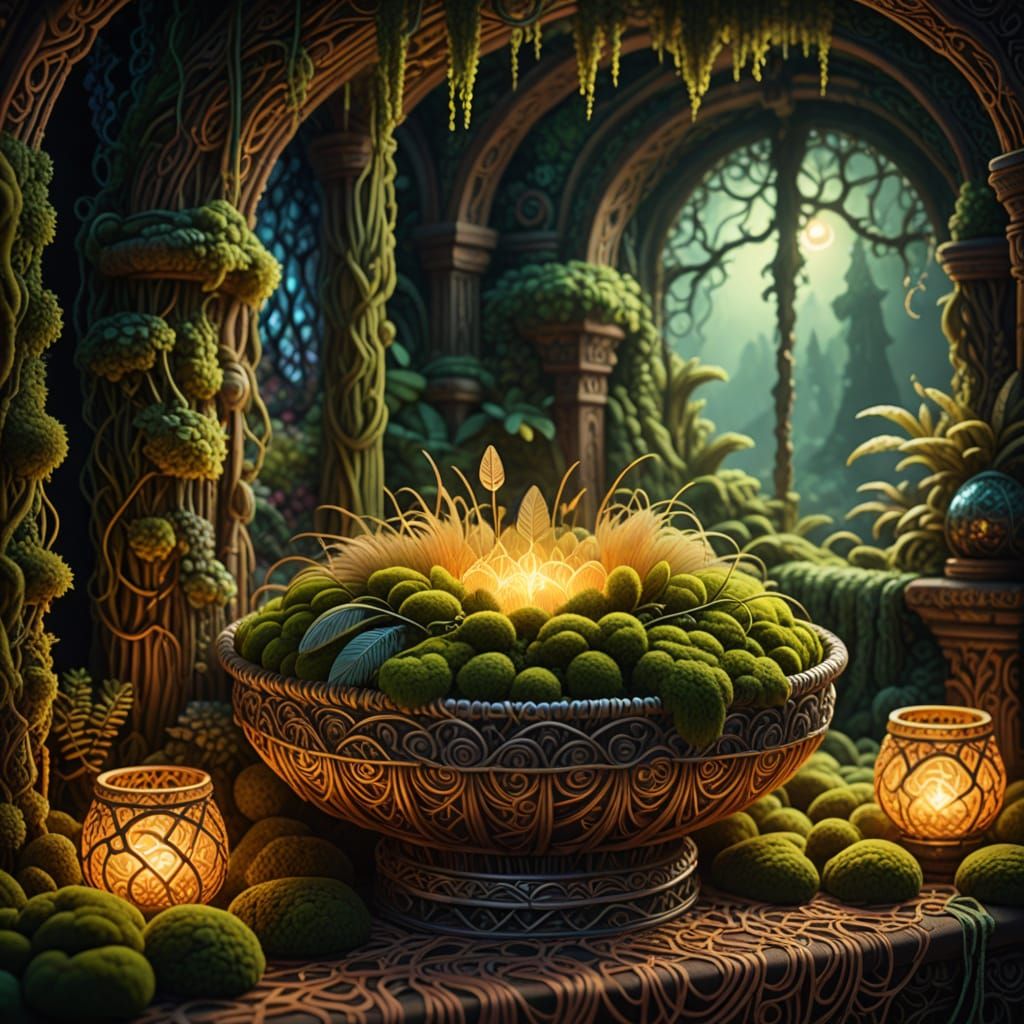 Fantasy Chamber with Glowing Moss and Magical Loom