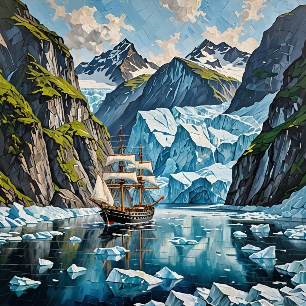 Ship Sails Fjord: Impasto Painting of Glaciers