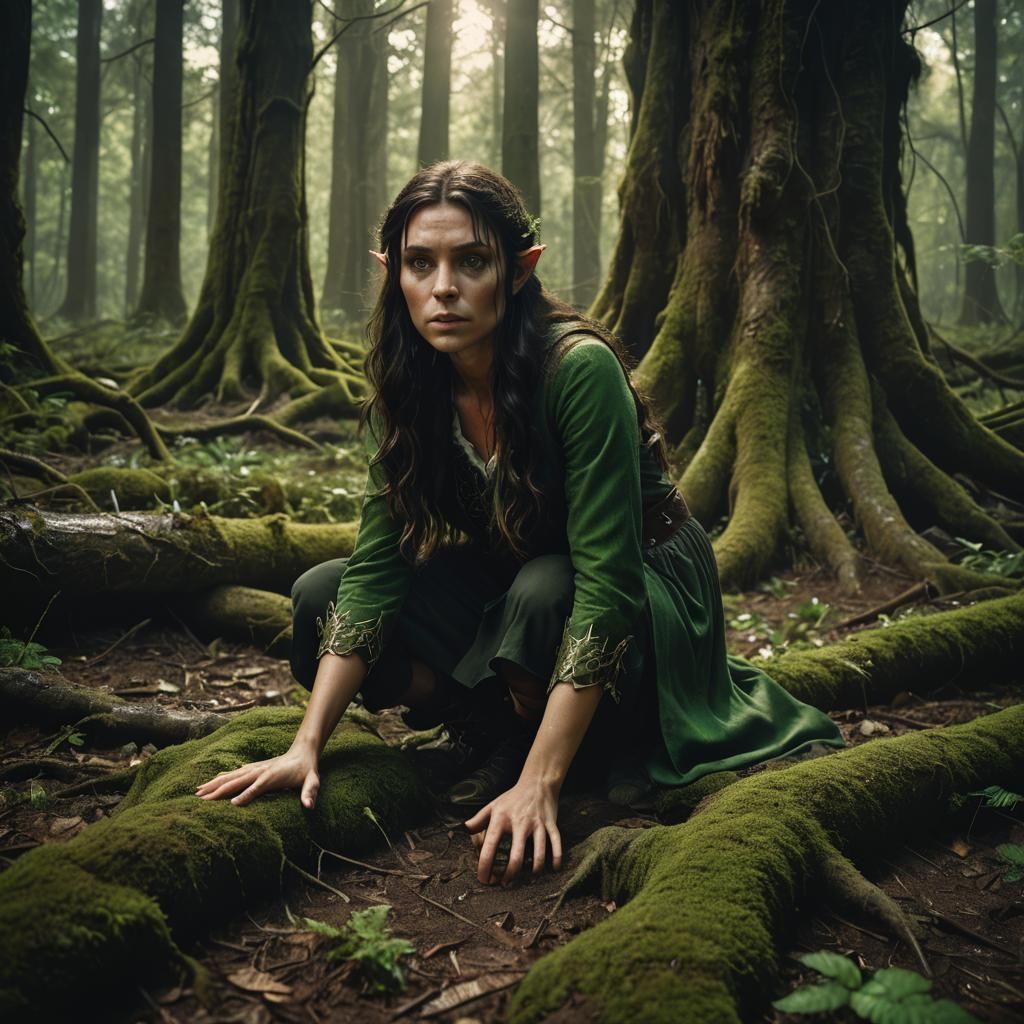 Elf Girl Hiding in Dark Enchanted Forest