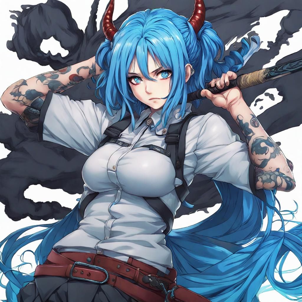 Blue-Haired Demon Slayer in Anime Style