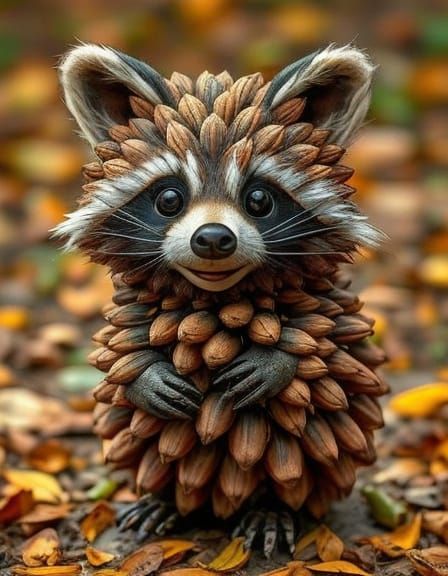 Pinecone Raccoon in Whimsical Forest Art