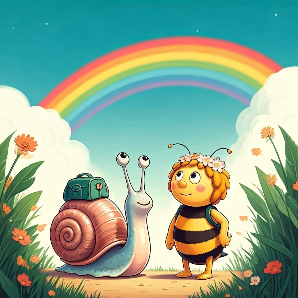 Cartoon Snail and Maya the Bee Watch Rainbow