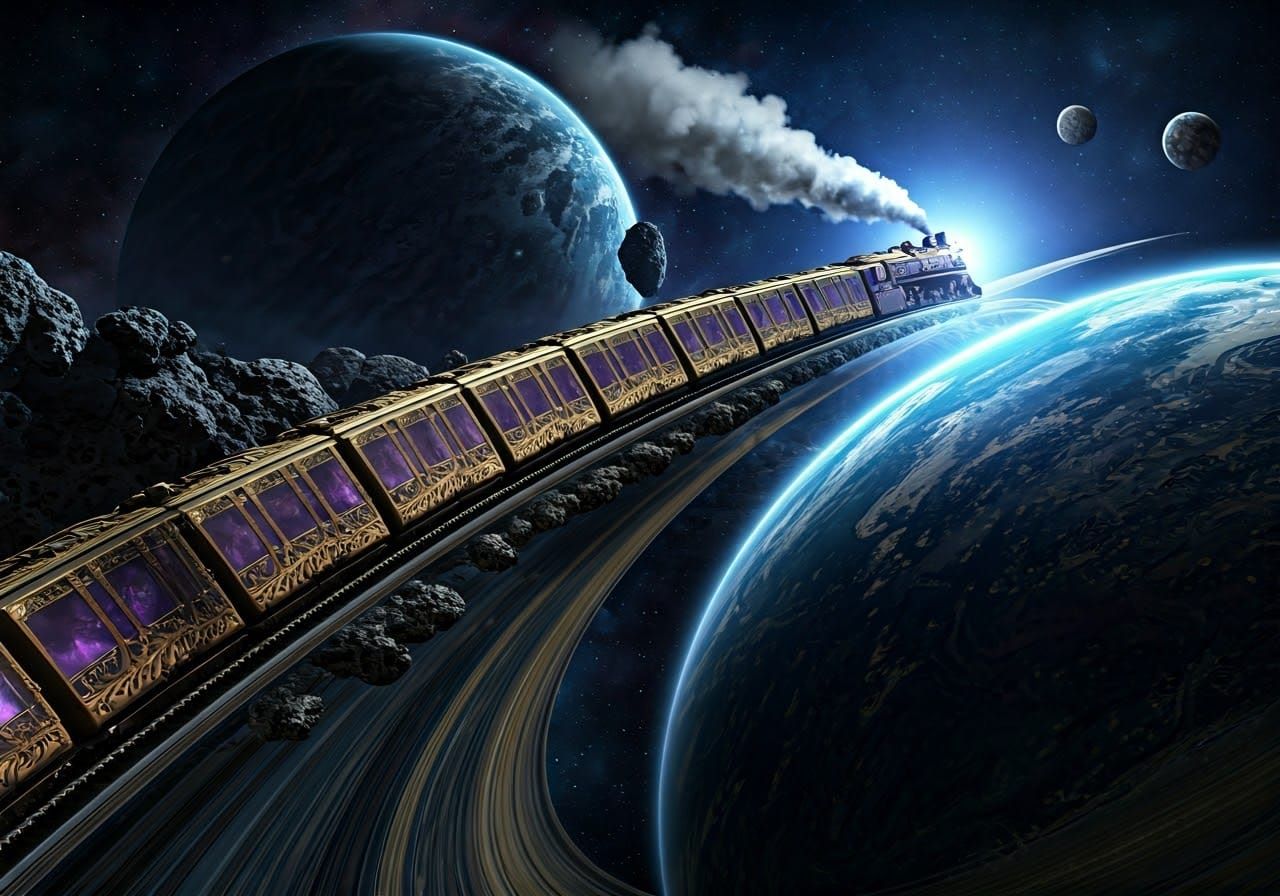 Cosmic Train Rides Asteroid Ring of a Floating Planet in Spa...