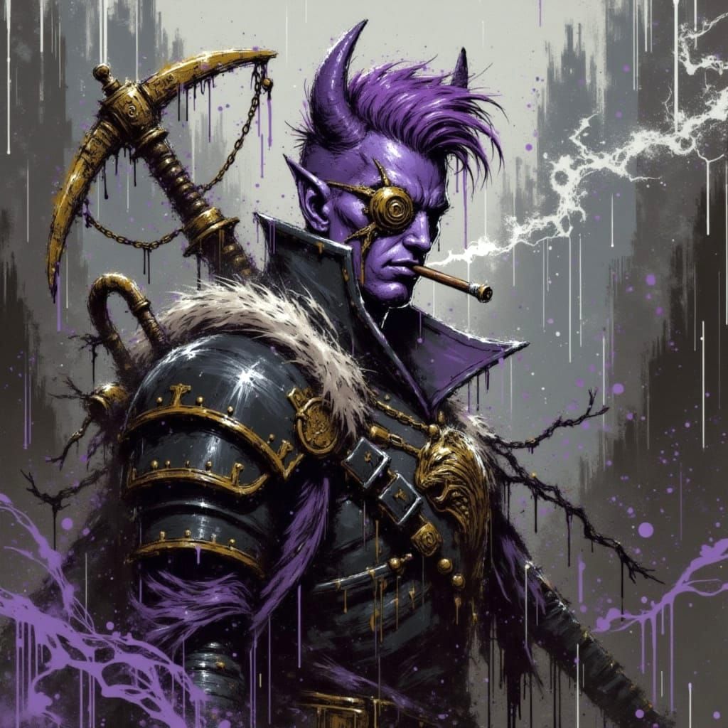 Steampunk Tiefling with Glaive in Gritty City