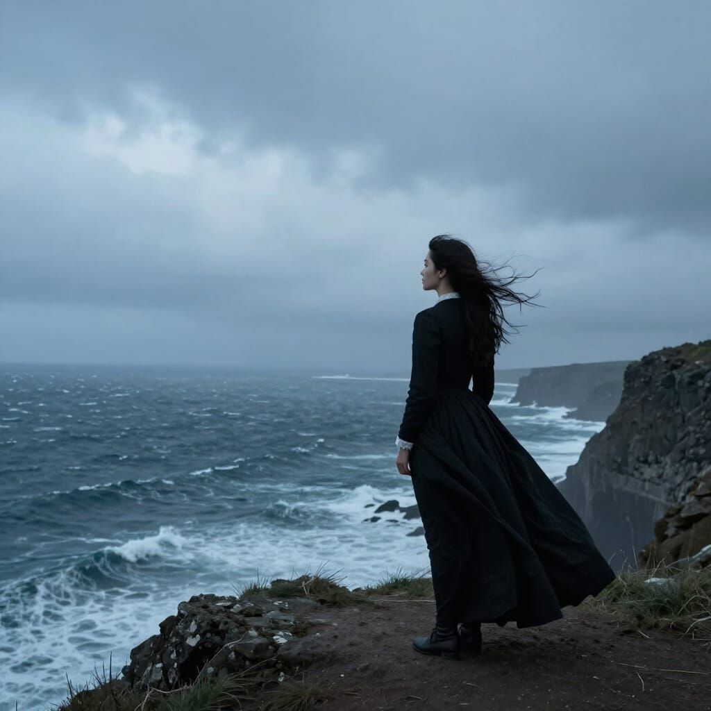 Maiden on Windswept Cliff Overlooking Turbulent Sea