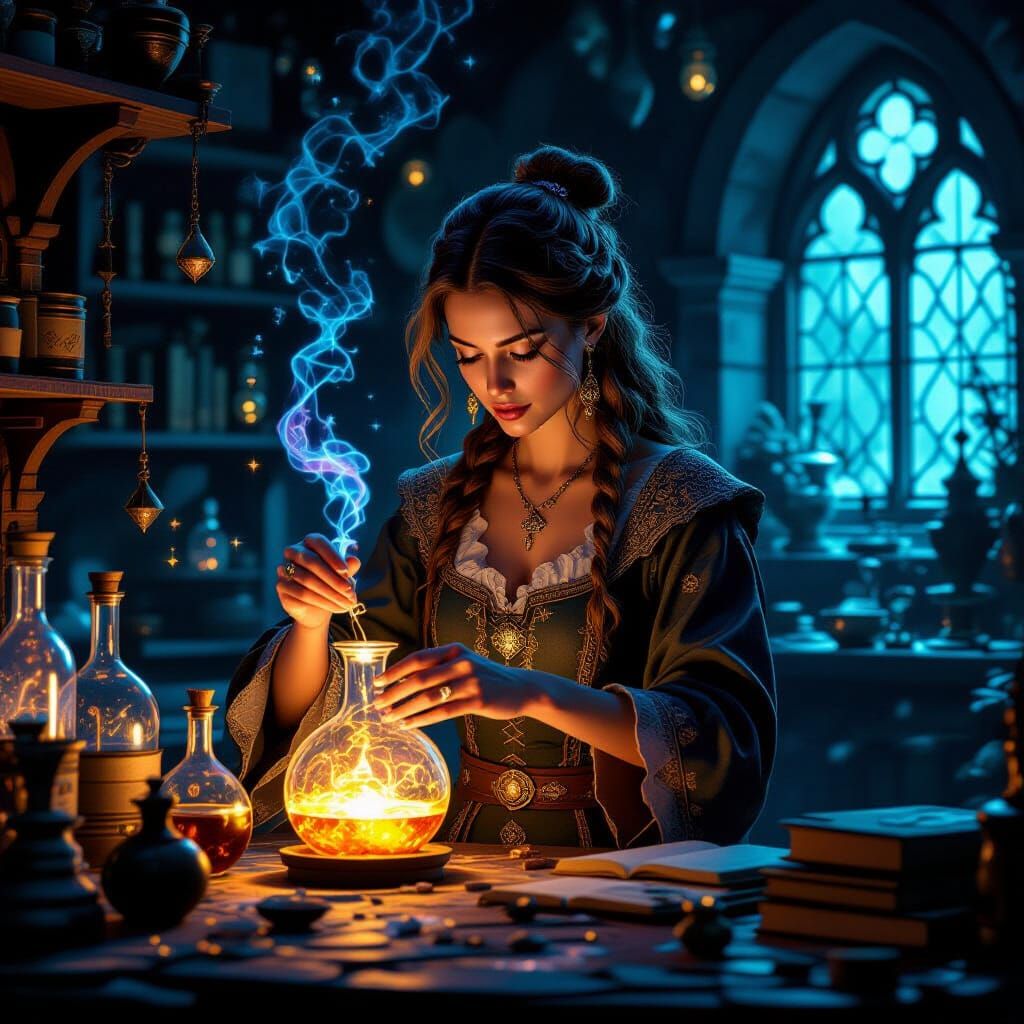 Medieval Alchemist Mixing Potions in a Mystical Lab