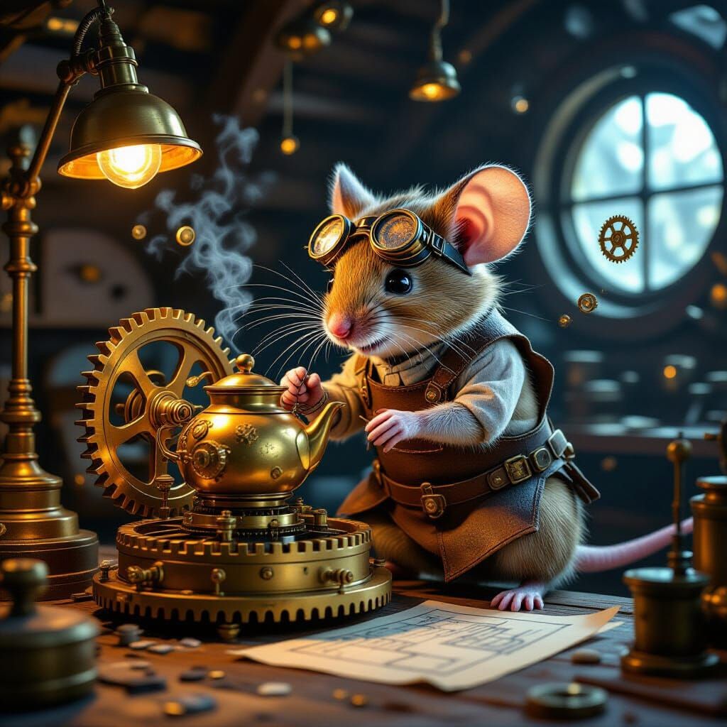 Mouse Mechanic in Steampunk Gear Workshop