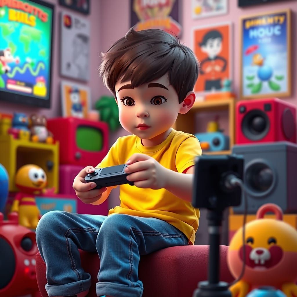 Child Gamer in Pixar-Inspired 3D Scene