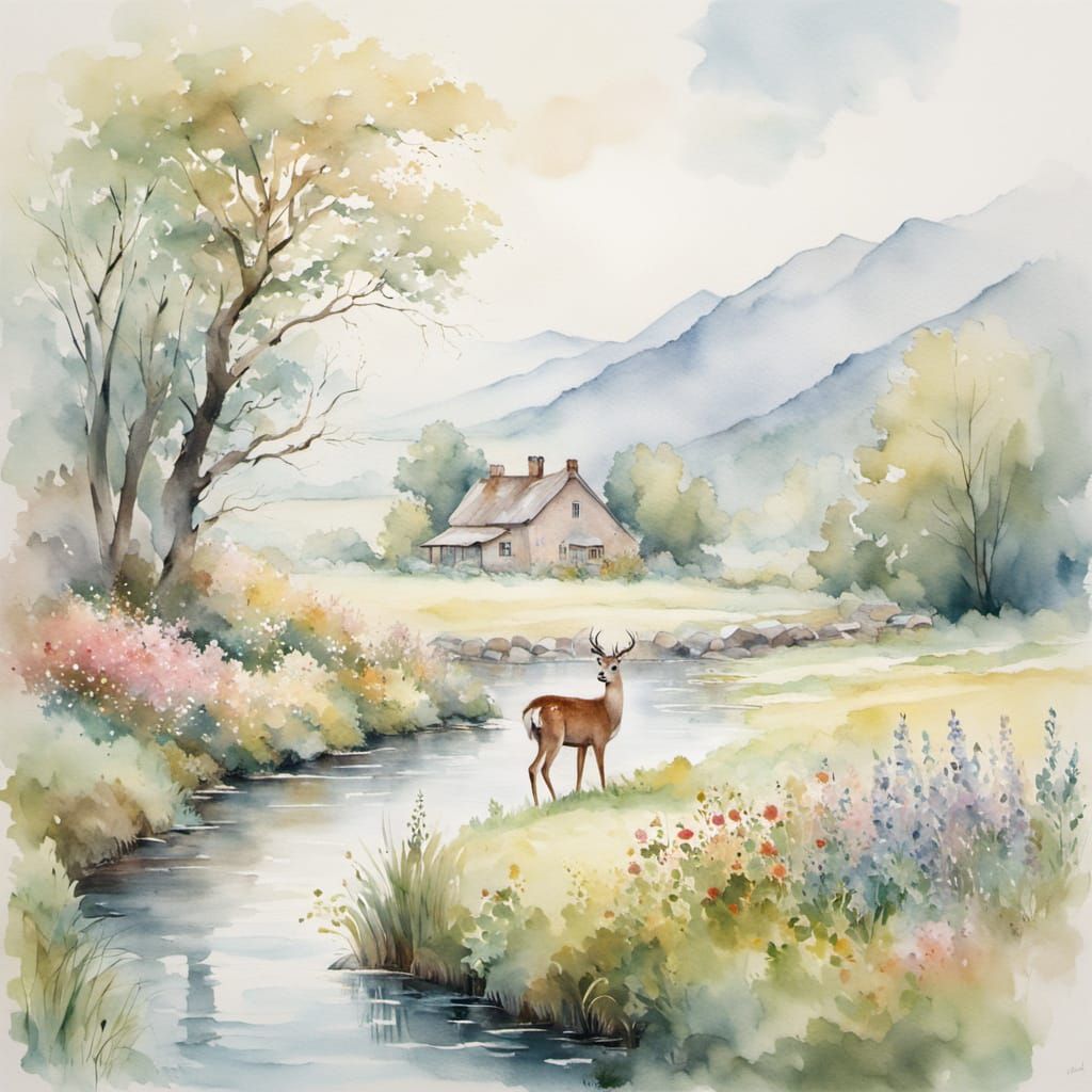 Watercolor Landscape of a Deer Drinking from a Creek
