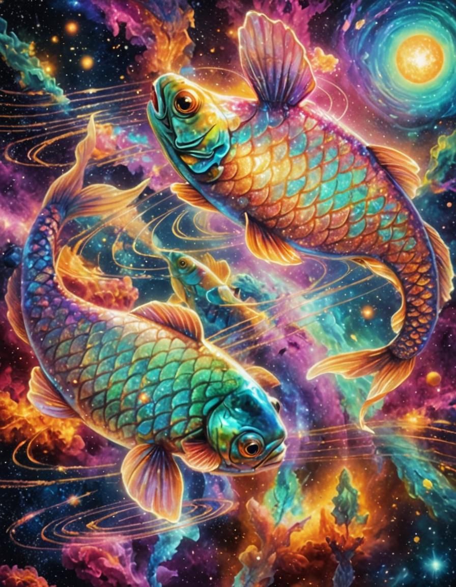 Cosmic Fish Swimming in Galaxy: Dreamy Illustration