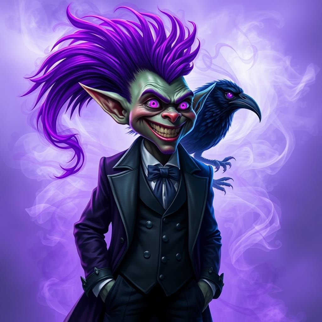 Mystical Goblin Sorcerer with Smoky Crow Familiar in Dark Fa...