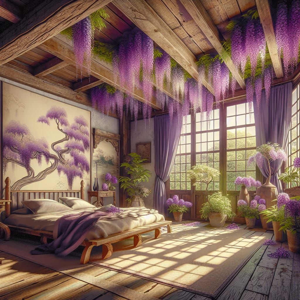 Cozy Bedroom with Wisteria in Japanese Art Style