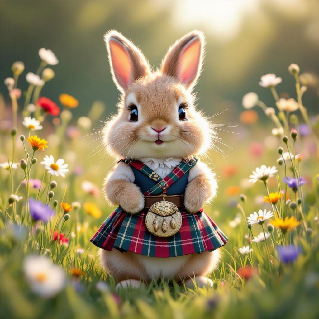 Fluffy Rabbit in Kilt, Whimsical Storybook Style